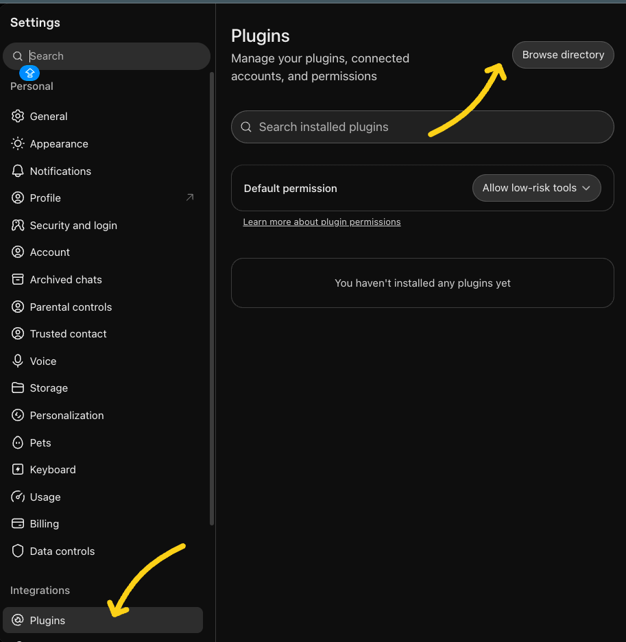 ChatGPT settings with Plugins selected and Browse directory in the top right